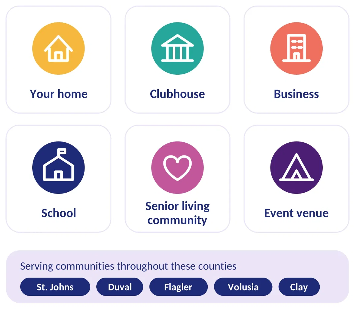 Mobile workshop venues: home, clubhouse, business, school, senior living community and event venue, serving St. Johns, Duval, Flagler, Volusia and Clay counties